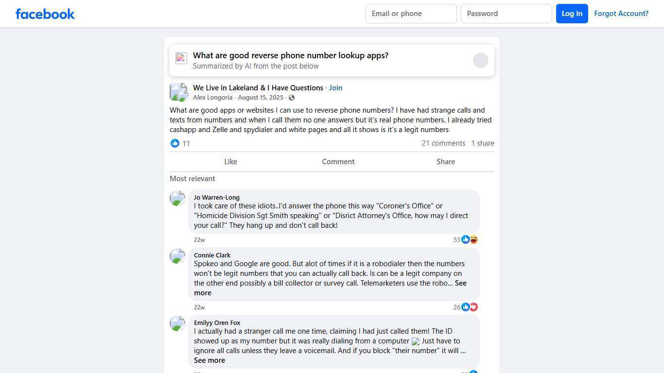 We Live in Lakeland & I Have Questions | What are good apps or websites I can use to reverse phone numbers | Facebook